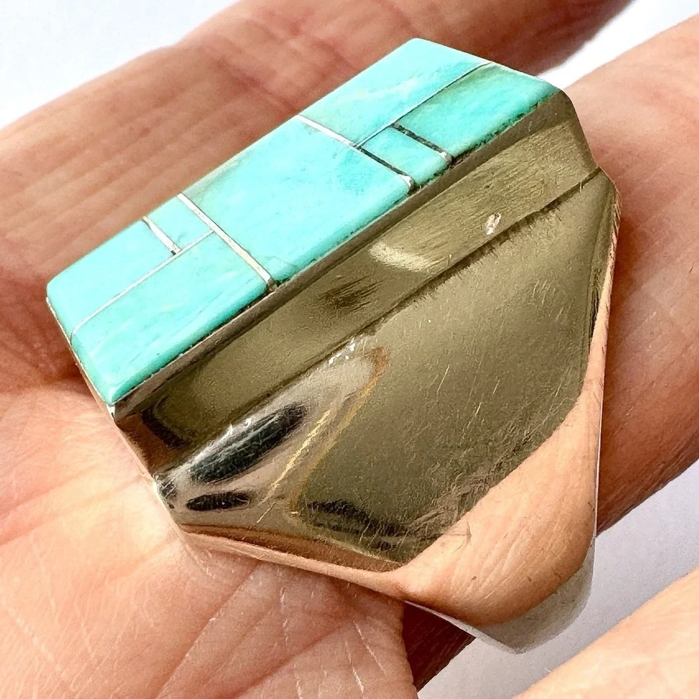 Navajo Turquoise Mens‎ Ring Sz 11 Signed WG Sterling Inlay Rect Native American